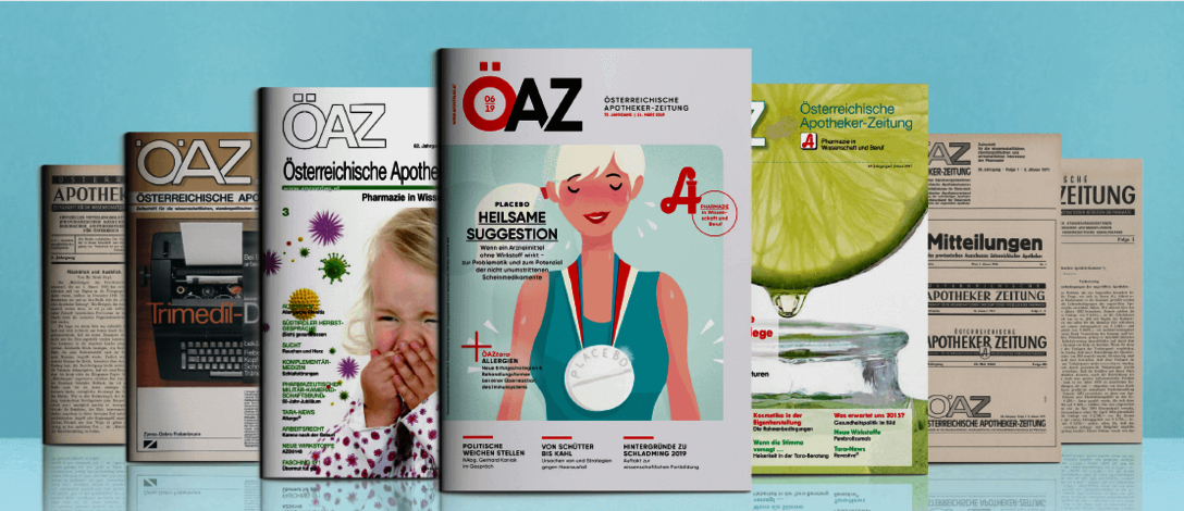 Die Cover der Österreichischen Apothekerzeitung (ÖAZ) im Zeitverlauf.
